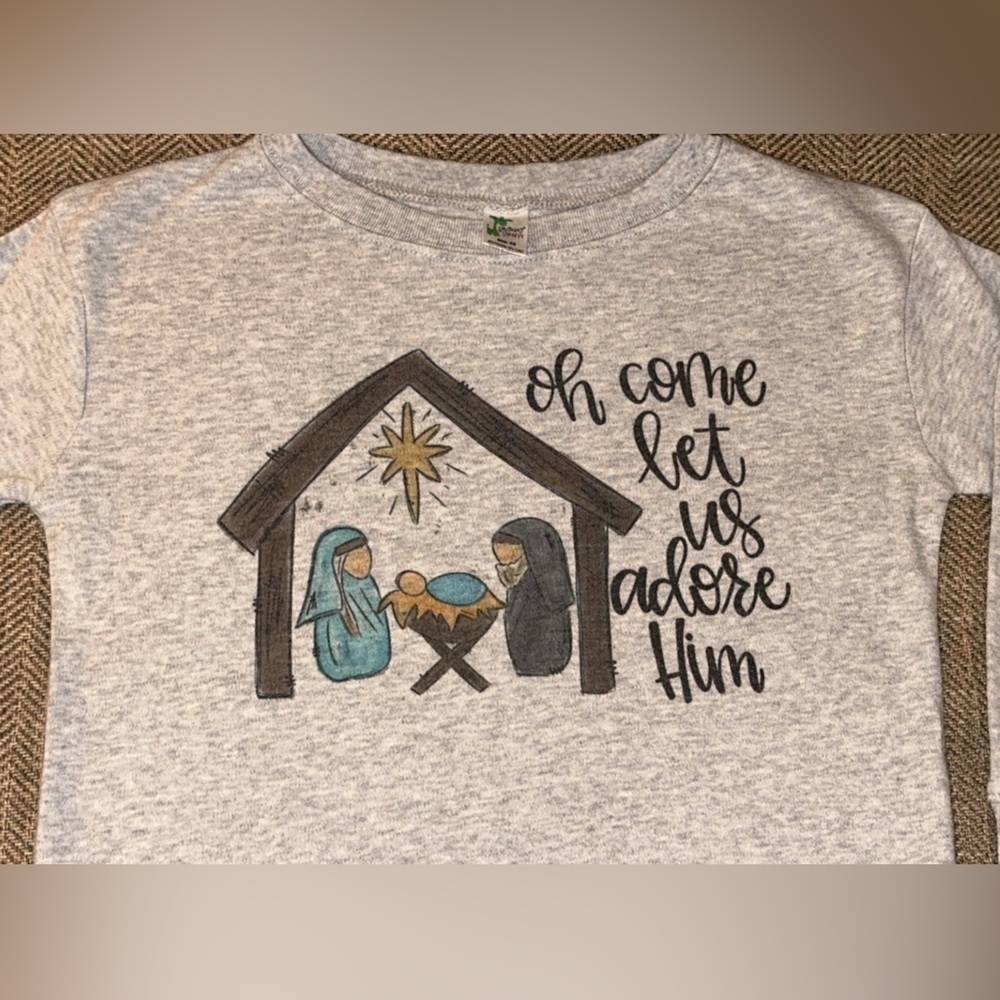 Oh come let us adore Him Kid’s/Children’s Long Sleeve Gray Nativity Scene Shirt